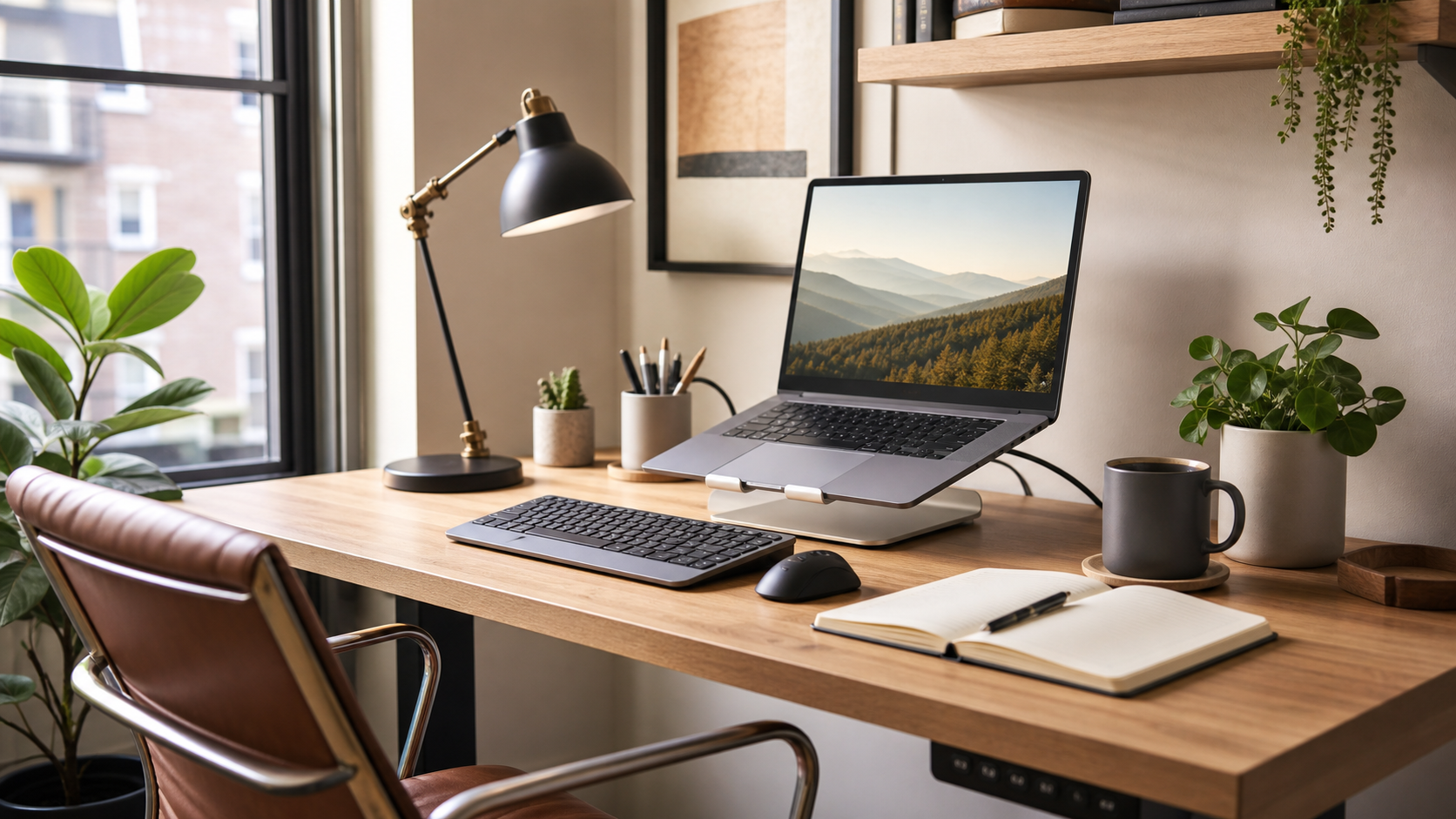 A tidy compact home office desk with a laptop, notebook, lamp, and organized cables